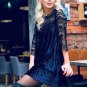 2018 Spring Sexy Hollow out Lace Patchwork Pleated Dresses O-neck Velvet Short Mini Dress Casual Loo