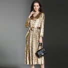V-Neck Velvet Dress Floral Printed Autumn Long Sleeve Retro Fashion Belted Pleated A-Line Women Robe