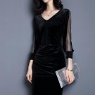 Women Party Dresses Gray V-Neck three quarter Sleeve Patchwork Elegant Celebrity Vintage Dress 2017 