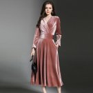 2017 autumn and winter women\'s Vintage Solid Velvet long dress high quality V-Neck Pleated Female d