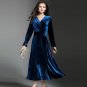 2017 autumn and winter women\'s Vintage Solid Velvet long dress high quality V-Neck Pleated Female d