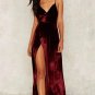 Velvet Cross Hharness Halter Slits Sheath Solid Sleeveless V-Neck Dress S4034