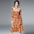 Women Floral Embroidery O-neck Wrinkle Pleated Velvet Midi Dresses Female Elegant Casual Party Vesti