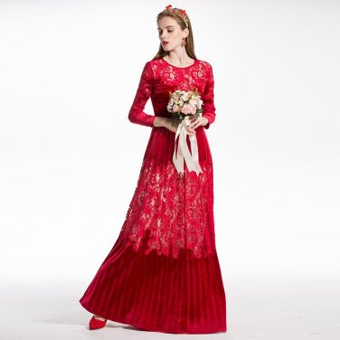 RED ROOSAROSEE 2018 Spring Summer Women\'s New Lace Patchwork Embroidery Velvet Pleated Long Sleeved