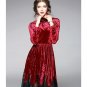 New Spring Long Pleated Dresses 2018 Women Solid Long Sleeve Turtleneck Lace Patchwork Velvet Silm A