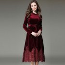 2017 autumn new woman Vintage lace Velvet dress O- neck full Sleeve Mid-Calf long dresses lady fashi