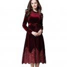 Spring Fall Velour Dress Womens Long Sleeve Belted Lace Patchwork Mid-Calf Elegant Velvet Corduroy D