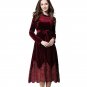 Spring Fall Velour Dress Womens Long Sleeve Belted Lace Patchwork Mid-Calf Elegant Velvet Corduroy D