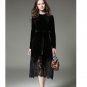 Spring Fall Velour Dress Womens Long Sleeve Belted Lace Patchwork Mid-Calf Elegant Velvet Corduroy D