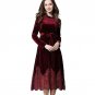 Spring Fall Velour Dress Womens Long Sleeve Belted Lace Patchwork Mid-Calf Elegant Velvet Corduroy D