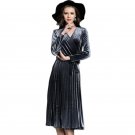 Winter Velvet Wrap V neck Dress women high waist Vintage Metallic Grey Party dresses Long sleeve Ple