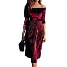 Basic Woman Dress Velvet Fabric Off The Shoulder Sexy Pleat Cocktail Party Knee Length Dresses Vinta