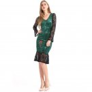 Elegant Green Velvet Dress Women Summer Velour Keen Dress 2018 New Fashion Lace Dress Sexy Deep V Ne