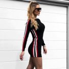 Spring Women Vertical Striped Patchwork Pencil Dress Autumn Ladies Long Sleeve Sexy Hip Package Body