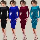 Womens Long Sleeve Velvet Ruched Slim Work Office Cocktail Party Sheath Dress
