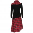 Women High Neck Plaid Pattern Patchwork Dress Long Sleeve Dress