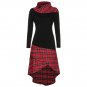 Women High Neck Plaid Pattern Patchwork Dress Long Sleeve Dress