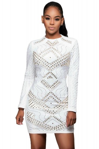White Mini Jeweled Quilted Long Sleeves Dress