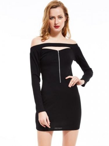 Slash Neck Hollow Plain Women\'s Bodycon Dress