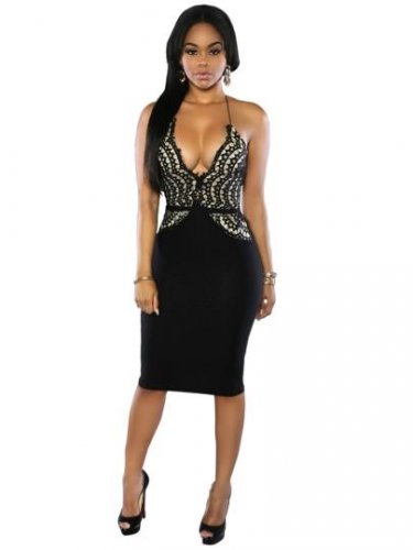 Deep V Neck Lace Patchwork Women\'s Sexy Dress