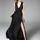 Black V Neck Falbala Pleated Split Women\'s Maxi Dress