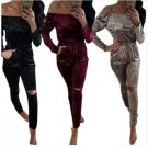 Elegant Off Shoulder Velvet Jumpsuit Women Slim Overalls Rompers Casual Long Pants Ladies Jumpsuits 