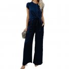 Round Neck Short Sleeve Jumpsuit Woman Romper Long Wide Legging Pants Bandage Tie Suit Jumpers Velve