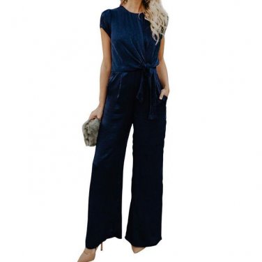Round Neck Short Sleeve Jumpsuit Woman Romper Long Wide Legging Pants Bandage Tie Suit Jumpers Velve