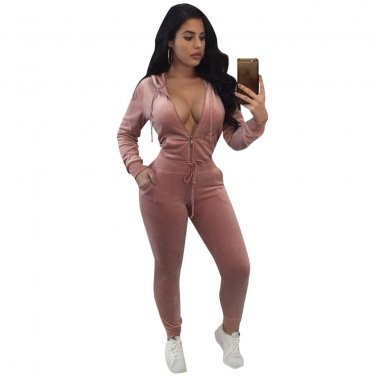Women Velvet Two Piece Set Tracksuits Jumpsuit Rompers Winter Long Sleeve Hooded V Neck Zippers Body