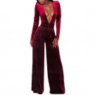 Fashion Shiny Sexy Deep V Jumpsuit Women Autumn Long Sleeve Velvet Jumpsuit Casual Loose  Wide Leg P