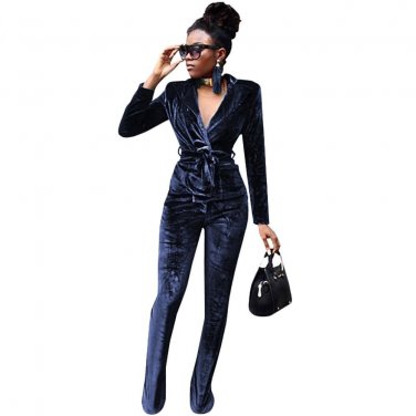 2 Piece Set Velvet Jumpsuit Rompers Women Long Sleeve V Neck Casual Elegant Wide Leg Jumpsuit With B