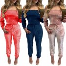 Heyouthoney women autumn sexy off shoulder velour velvet strapless long sleeve jogger jumpsuit rompe