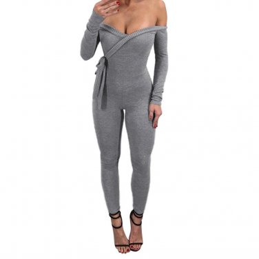 Women Long Sleeve Deep V Off Shoulder Sexy Skinny Slim Jumpsuit Bodysuit