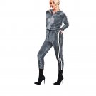 Winter 2 Piece Set Hooded Velvet Jumpsuit Casual Long Sleeve Striped Bandage Overalls Women Zipper L