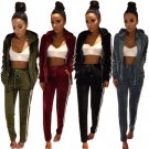 Women Sexy Zipper 2 Piece Velvet Long Jumpsuit Casual Hoodied Long Sleeve Striped Women Overalls Ban