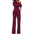 Fashion Women 2017 Summer Sexy One Shoulder Half Sleeve Solid Belt Jumpsuit Casual Slim Wide Leg Rom