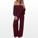 Fashion Women 2017 Flare Sleeve Sexy Off Shoulder Long Trousers Jumpsuits Elastic Waist Slash Neck S