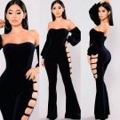 Off Shoulder Velvet Jumpsuit Women Hollow Out Long Sleeve Sexy Overalls Rompers Casual Flare Pants L