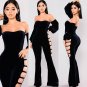 Off Shoulder Velvet Jumpsuit Women Hollow Out Long Sleeve Sexy Overalls Rompers Casual Flare Pants L