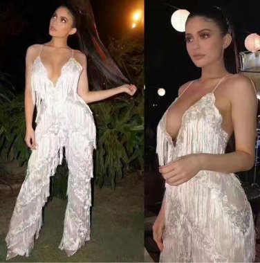 Top Quality Black White Green Hot Sell Women Tassel Sexy Jumpsuit Backless Spaghetti Straps Night Cl