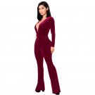 Sexy Deep V-Neck Velvet Jumpsuits Rompers Women Solid Long Sleeve Criss-Cross One Piece Overalls Low