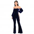 Sexy Strapless Velvet Jumpsuits Overalls Women Solid Hollow Out Long Sleeve Flare Jumpsuits Autumn C