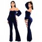 Sexy Strapless Velvet Jumpsuits Overalls Women Solid Hollow Out Long Sleeve Flare Jumpsuits Autumn C