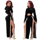 Sexy High Split Velvet Hooded Jumpsuit Full Sleeve Crop Top And Long Wide Leg Catsuit Sexy Women But