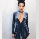 JOYINPARTY Women  Velvet jumpsuit Halter Deep V-Neck Long Sleeve  jumpsuit Sexy Casual short hollow 