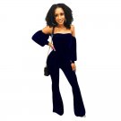 Fashion jumpsuit women 2017 new autumn Navy blue long sleeve slash neck hollow out Gold velvet skinn