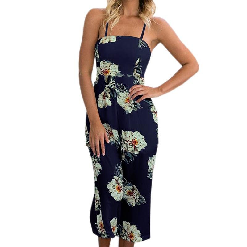 Floral Print Jumpsuits Beach Casual Overalls 2017 Summer Women Sexy Loose Boho Backless Playsuits Sp