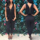 Sexy Women\'s Sleeveless Zipper Deep V-neck Bodycon Jumpsuit One Piece Romper Trousers Solid Fashion