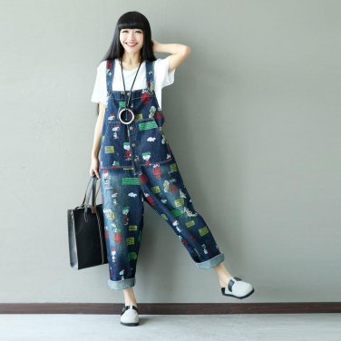2017 new loose big tide to do the old hole cartoon pattern dark cowboy strap pants