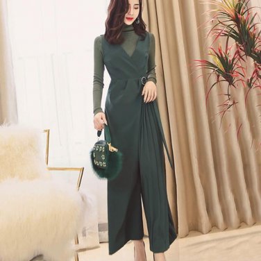 TWOTWINSTYLE OL Ruffle Sashes Tunic Asymmetric Jumpsuits Women Loose Sleeveless High Waist Wide Leg 